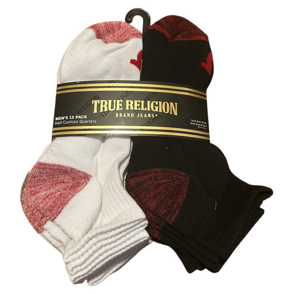 True Religion Mens 12 Pack Ankle Socks Half Cushion Quarters Shoe Size 8-12.5
